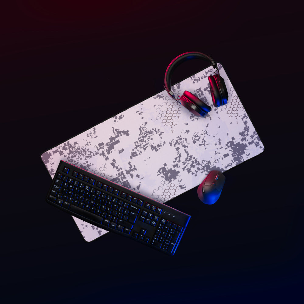 Blindtech Snow Camo Desk Mat Setup White Gray Patterned Mousepad