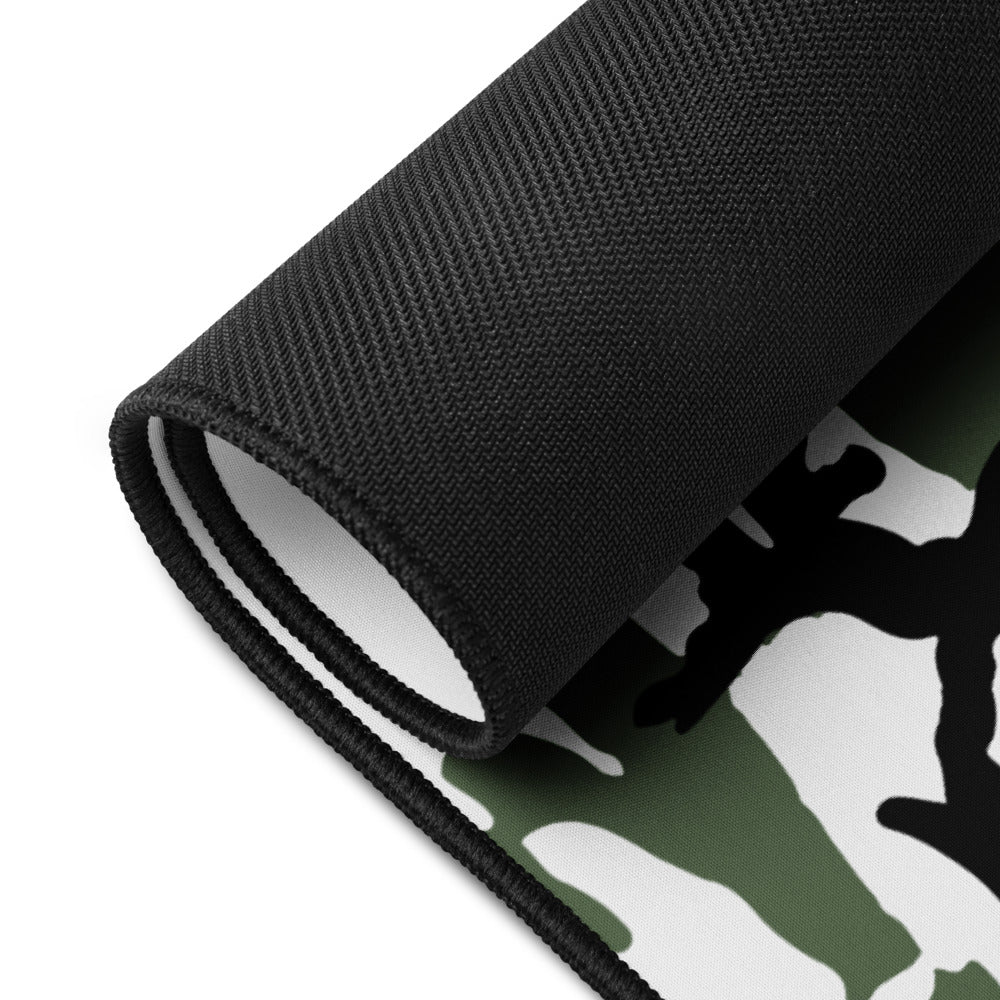 Three Color Snow Camo Desk Mat Partially Rolled Up Mouse Pad Black