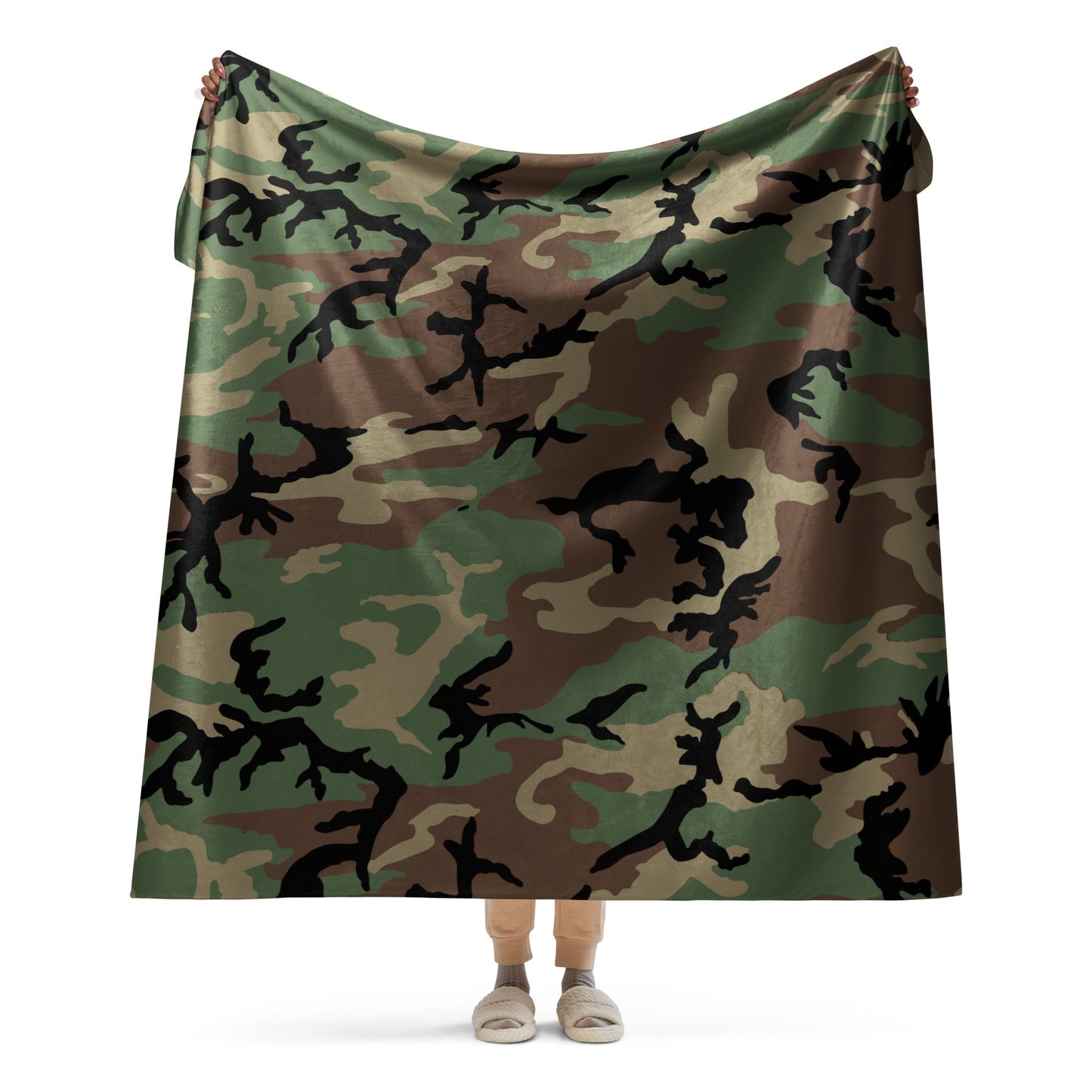 M81 Woodland Camo Sherpa Blanket 60” × 80” _ Concealing Coloration