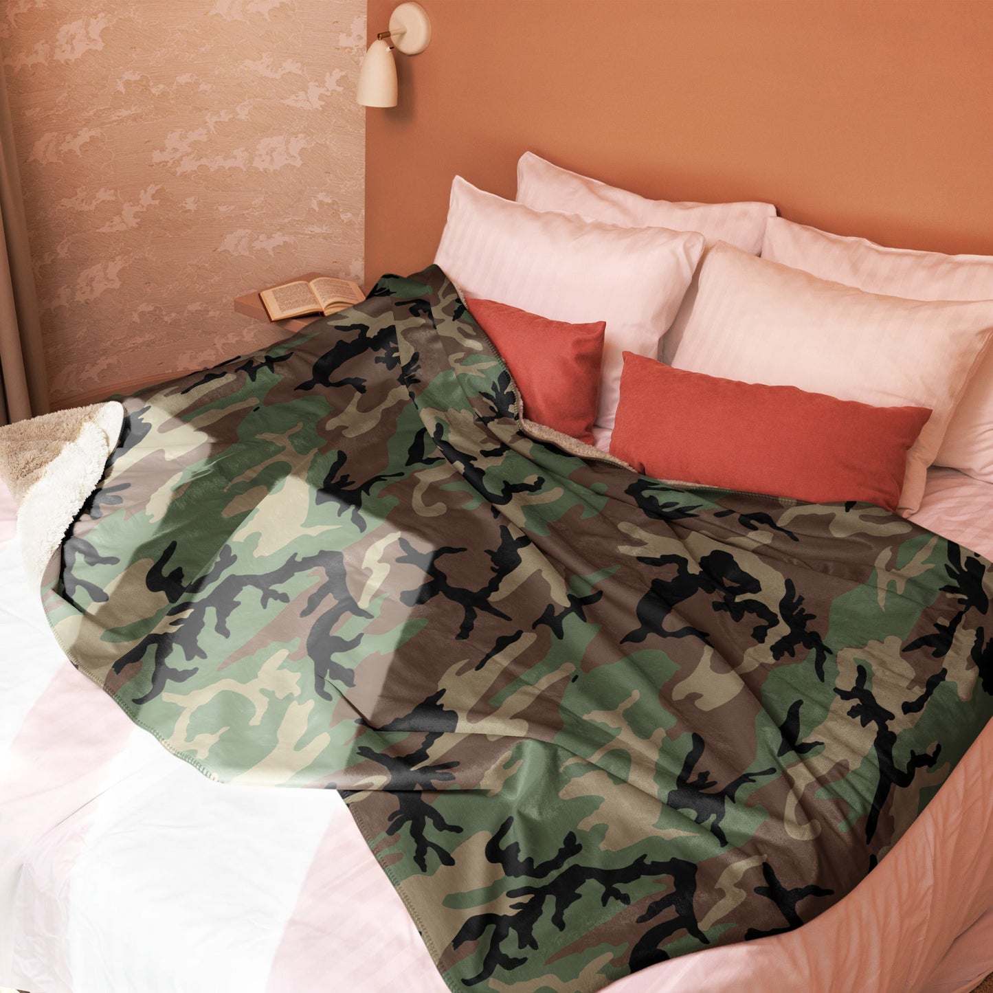 M81 Woodland Camo Sherpa Blanket 60” × 80” _ Concealing Coloration