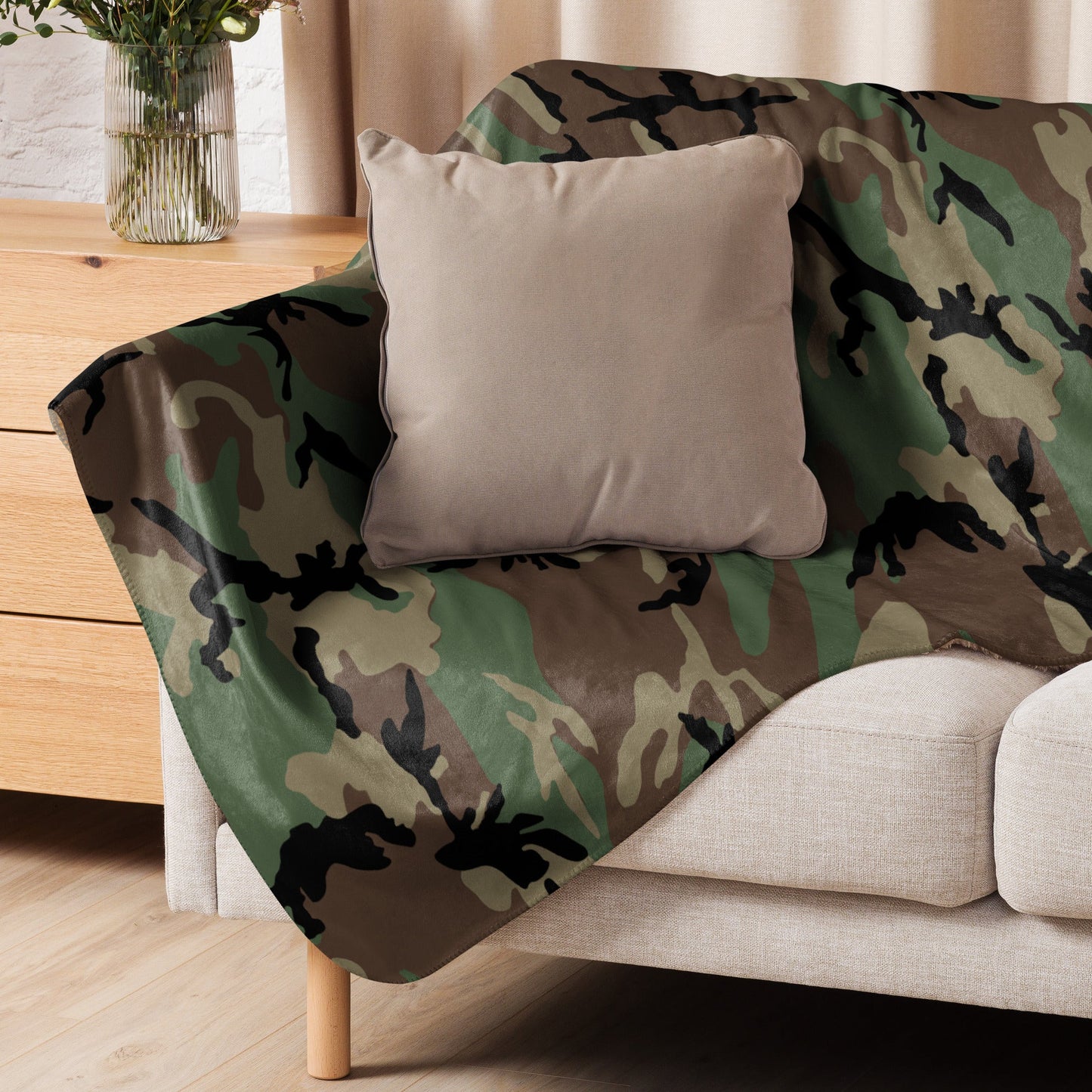 M81 Woodland Camo Sherpa Blanket 60” × 80” _ Concealing Coloration