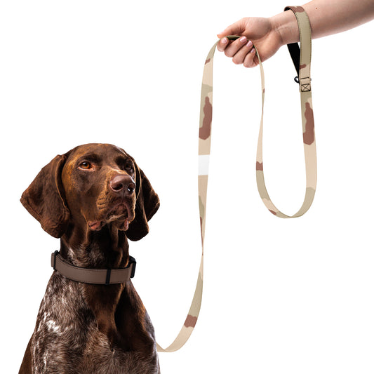 Three-Color Desert camo dog leash — DCU Gulf War pattern, 6 ft woven nylon, padded hand loop, metal clip