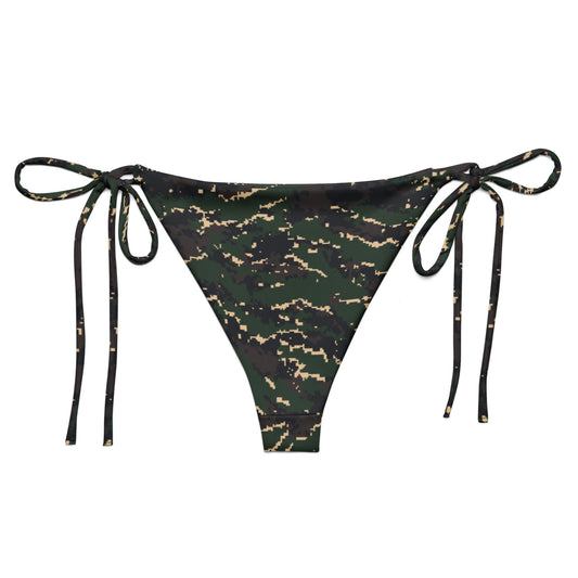 ROC Digital Tiger Stripe camo string bikini bottom, back view with pixel-edged green, black, and tan print