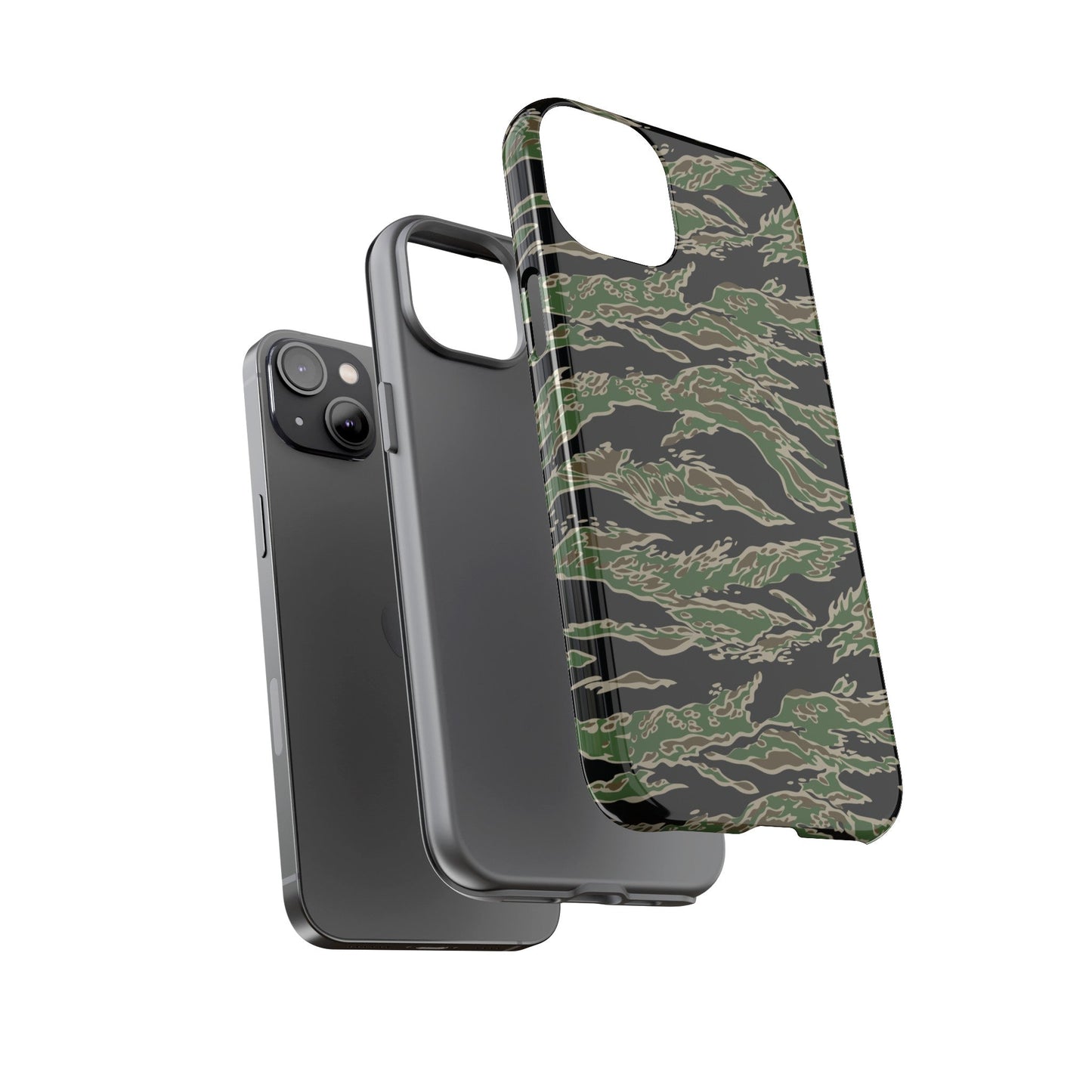Tiger Stripe LLS camo iPhone 14 Pro field case — Vietnam-era pattern, polycarbonate plus TPU, MagSafe compatible