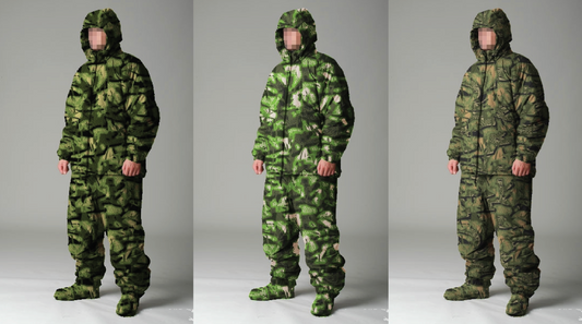 Men wearing the Insulated waterproof forest camo suit in three different camouflage patterns