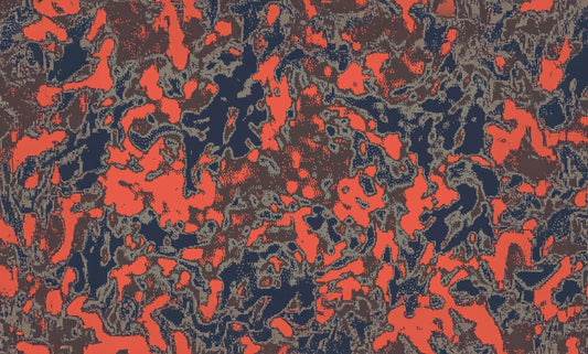 Guy Cramer camouflage fabric pattern in black, gray, and orange abstract design