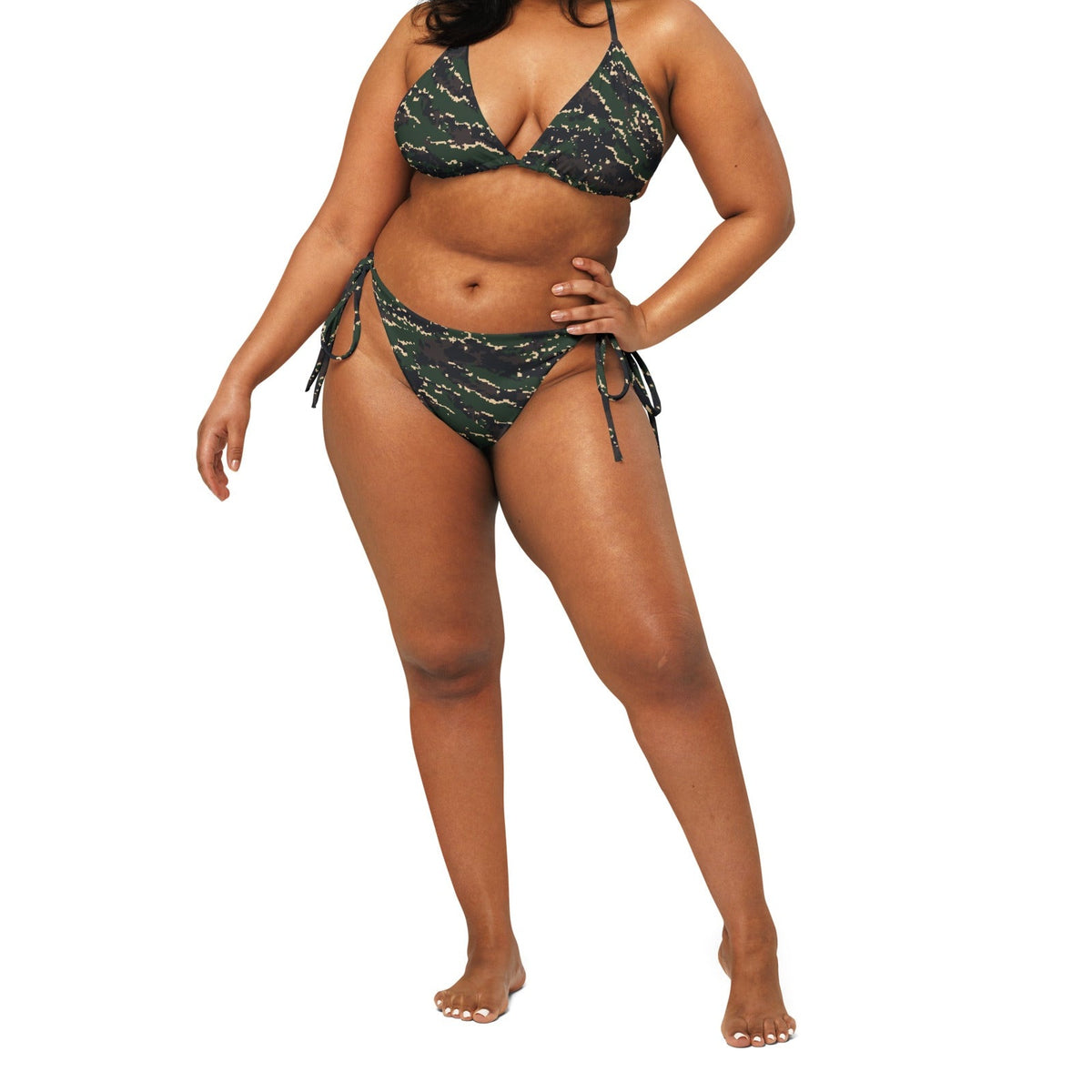 ROC Digital Tiger Stripe Camo String Bikini Set — standing front on-model view, square crop below eyes