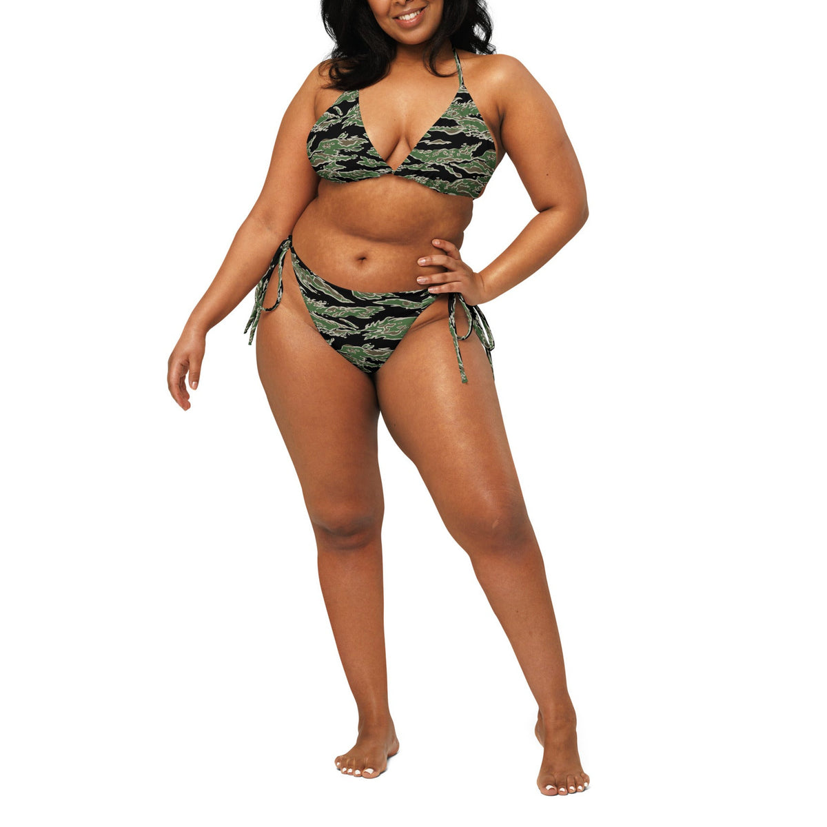Tiger Stripe LLS Camo String Bikini Set — standing front on-model view, square crop below eyes