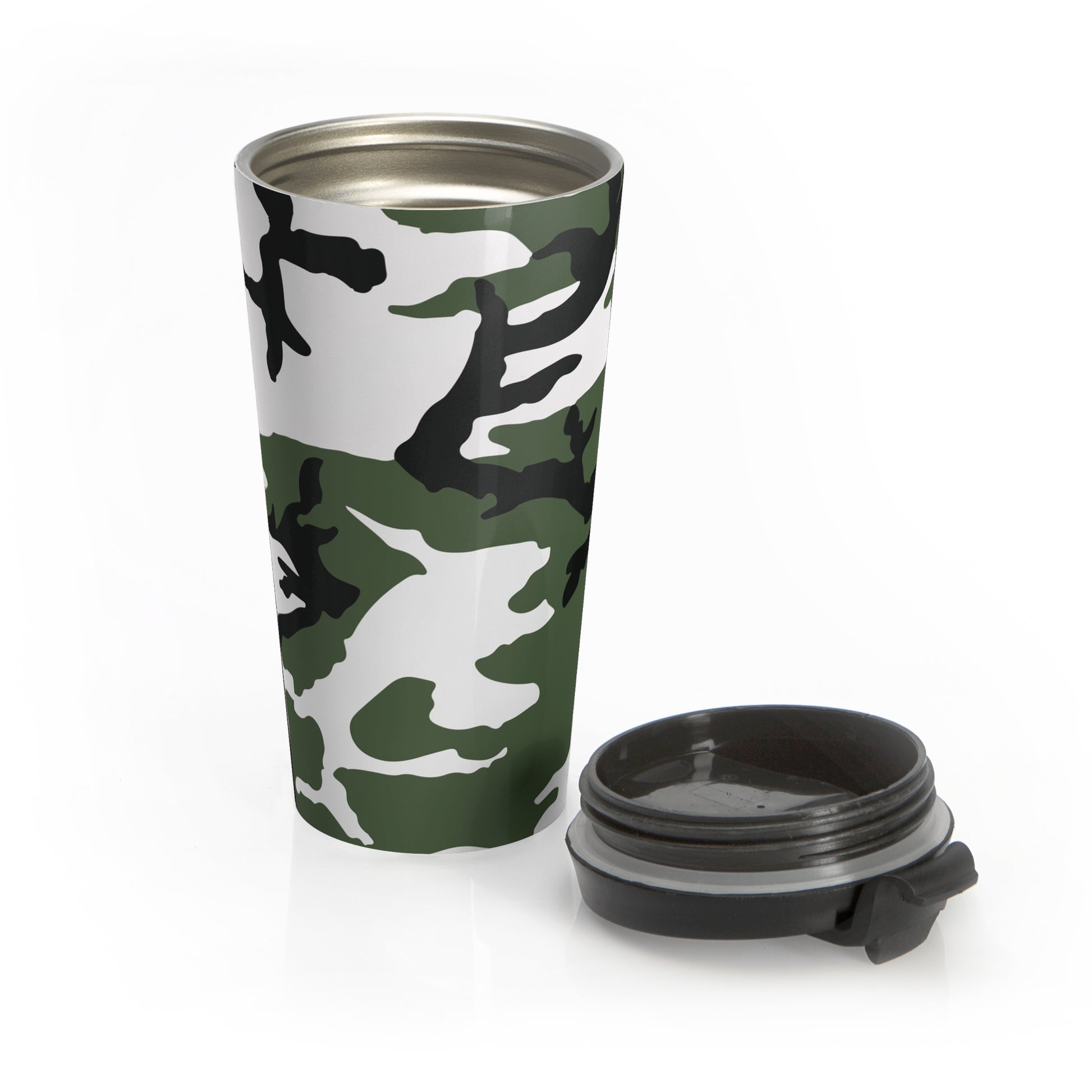 Three-Color Snow Camo Stainless Steel 15oz Travel Mug.