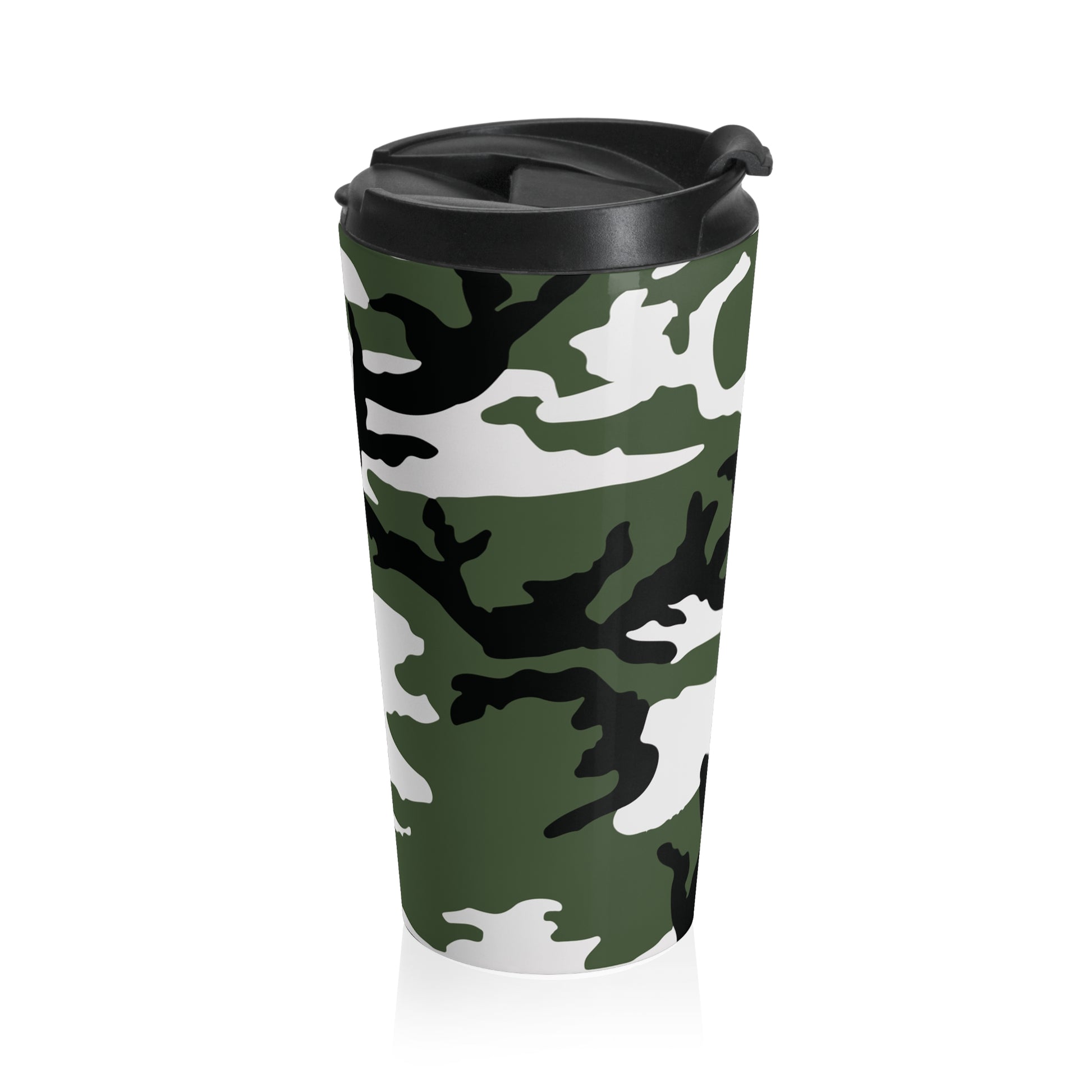 Three-Color Snow Camo Stainless Steel 15oz Travel Mug.