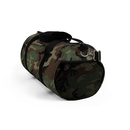 U.S. M81 Woodland camo small duffel bag — polyester Oxford canvas, adjustable shoulder strap, made in USA