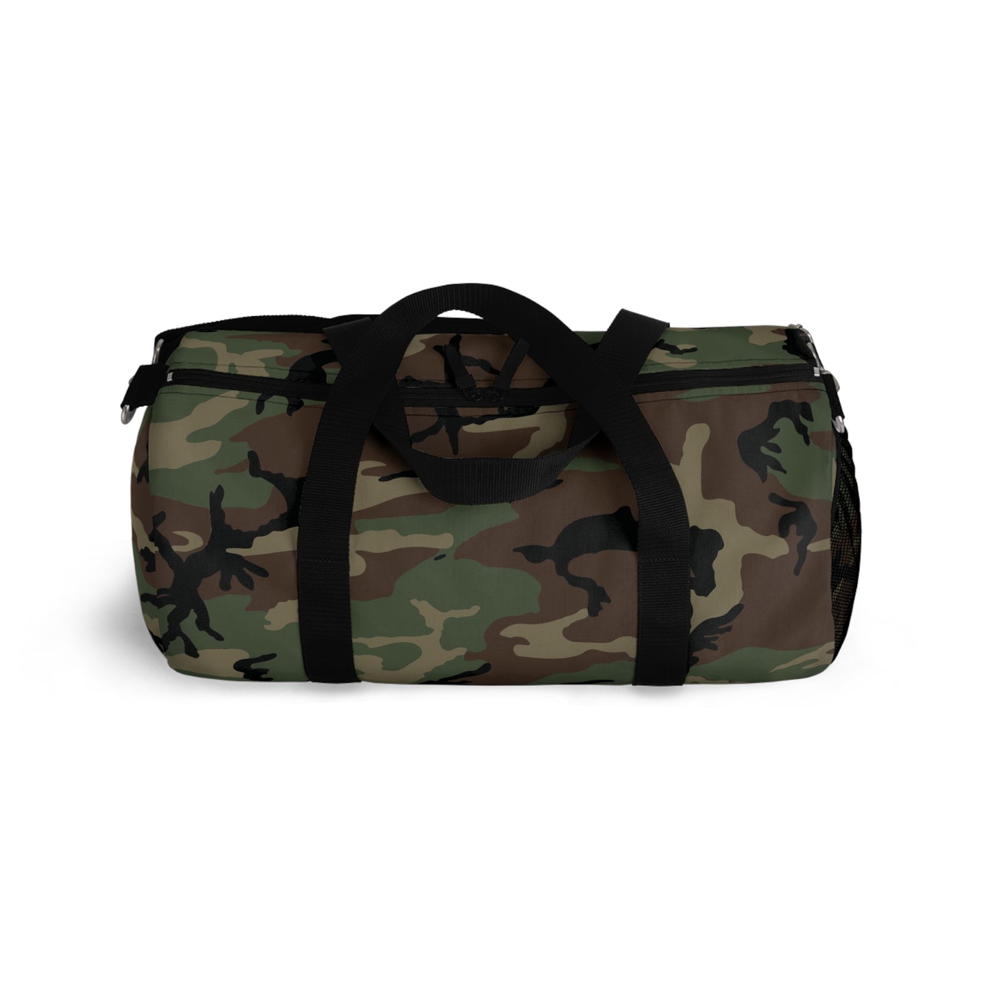 U.S. M81 Woodland camo small duffel bag — polyester Oxford canvas, adjustable shoulder strap, made in USA