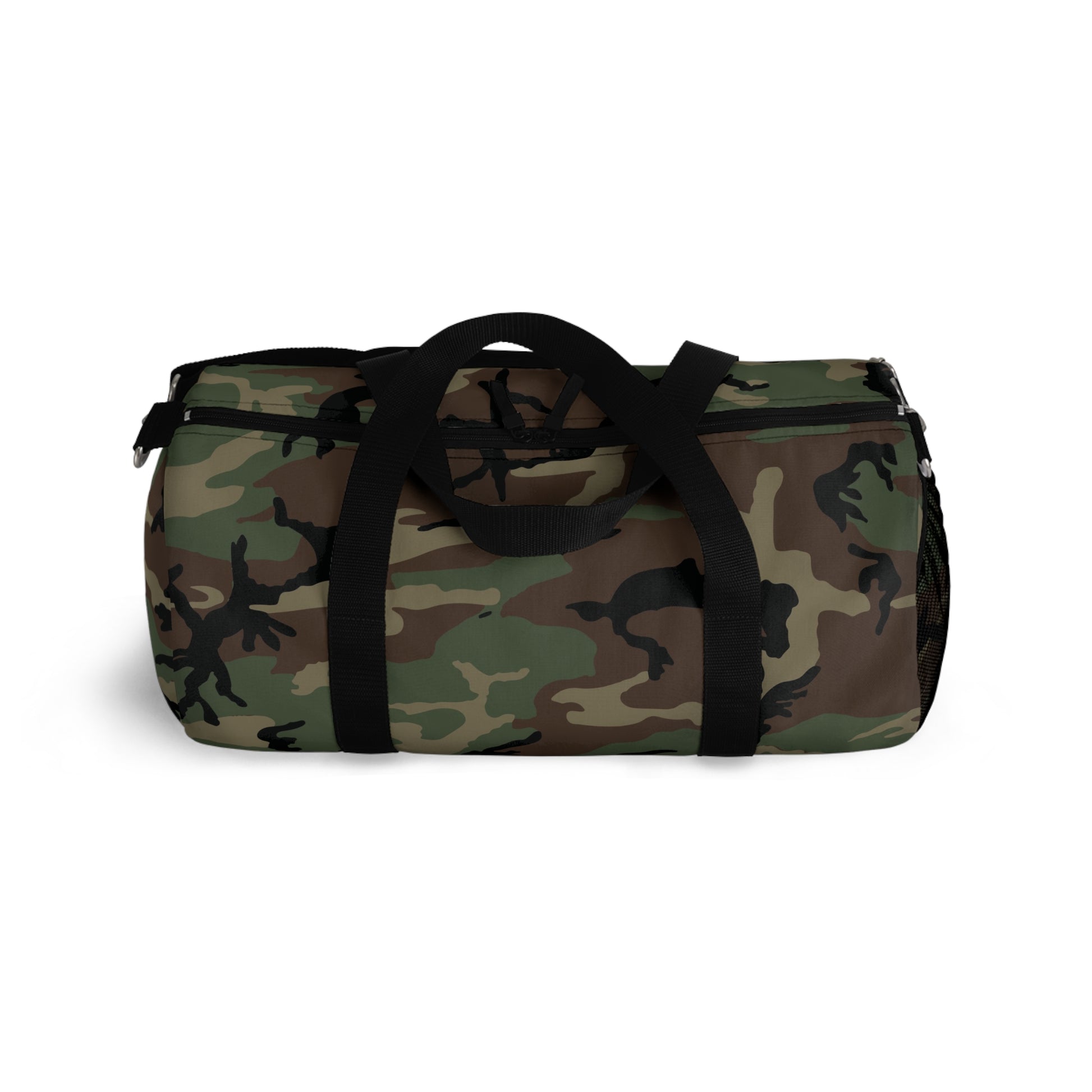 U.S. M81 Woodland camo small duffel bag — polyester Oxford canvas, adjustable shoulder strap, made in USA