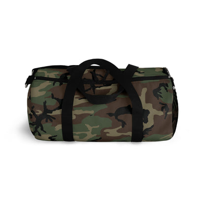 U.S. M81 Woodland camo small duffel bag — polyester Oxford canvas, adjustable shoulder strap, made in USA