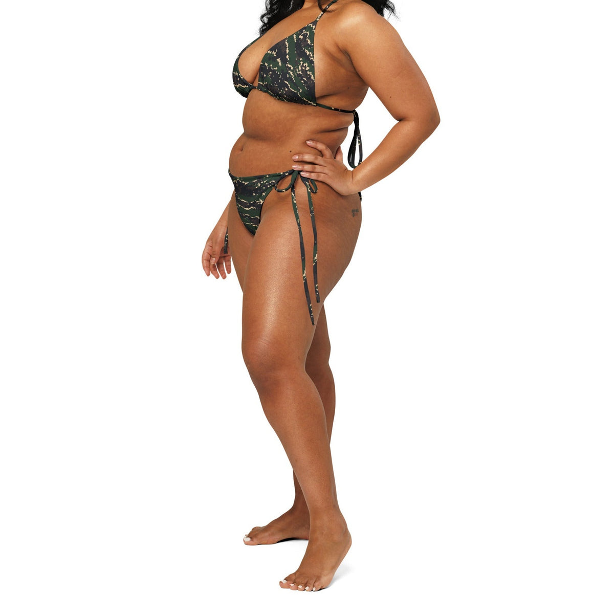 ROC Digital Tiger Stripe Camo String Bikini Set — standing side on-model view, square crop below eyes