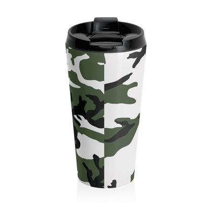 Three-Color Snow Camo Stainless Steel 15oz Travel Mug.