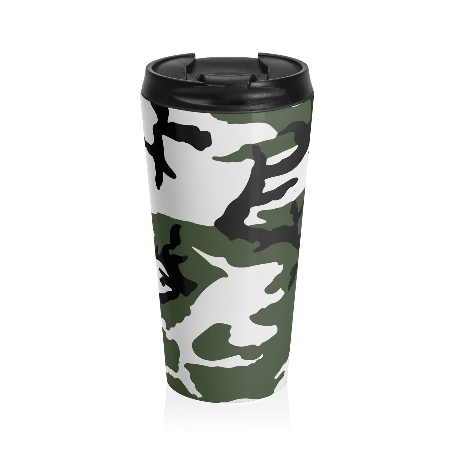 Three-Color Snow Camo Stainless Steel 15oz Travel Mug.