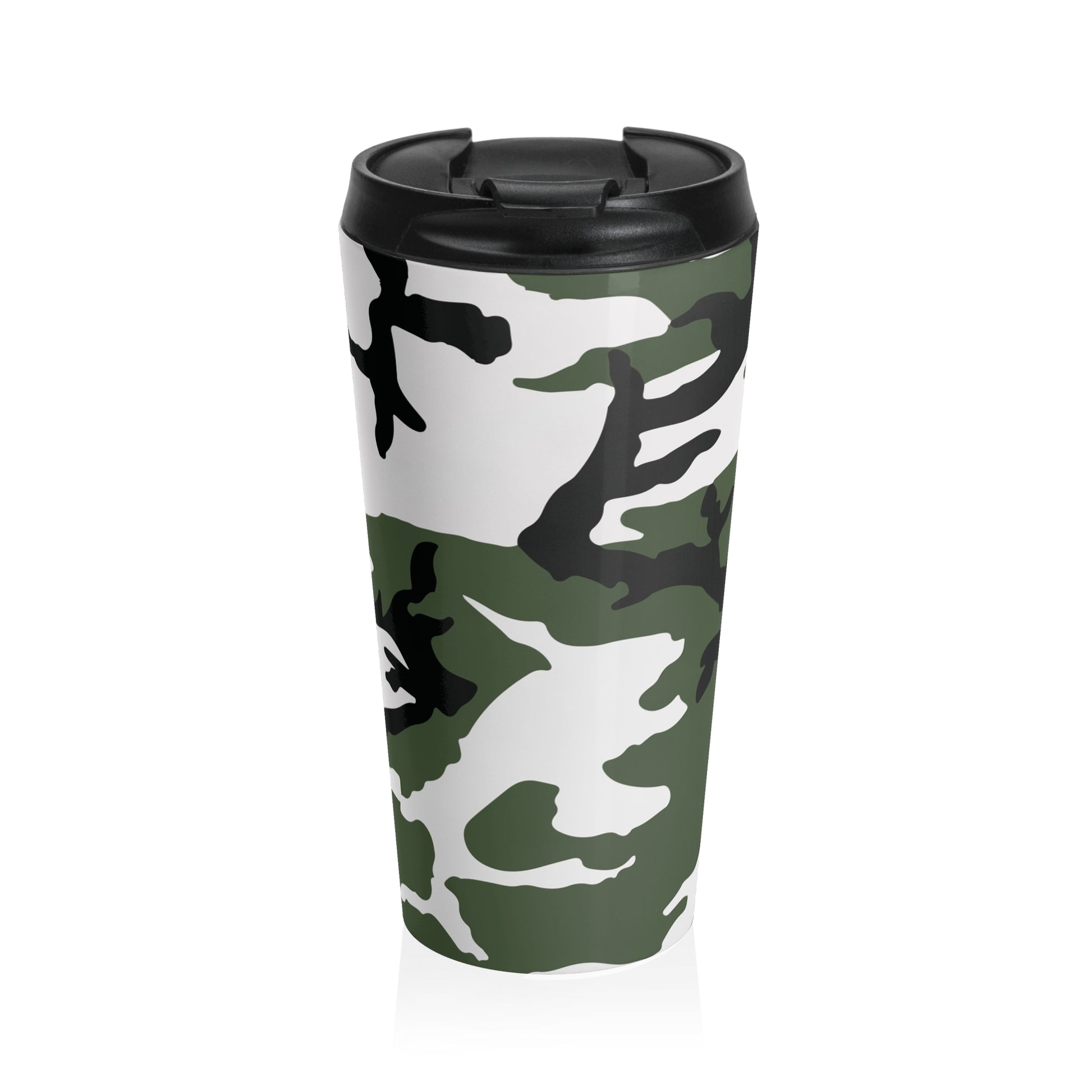 Three-Color Snow Camo Stainless Steel 15oz Travel Mug.