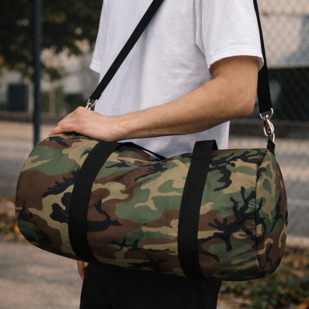 U.S. M81 Woodland camo small duffel bag — polyester Oxford canvas, adjustable shoulder strap, made in USA