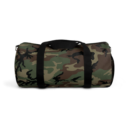 U.S. M81 Woodland camo small duffel bag — polyester Oxford canvas, adjustable shoulder strap, made in USA