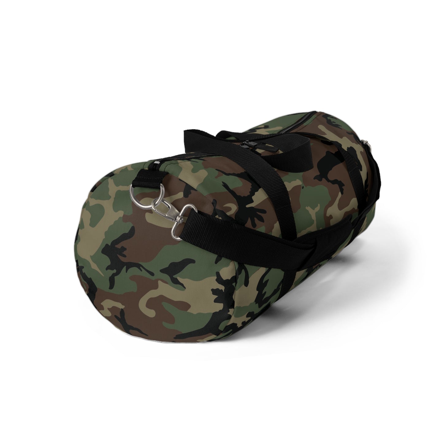 U.S. M81 Woodland camo small duffel bag — polyester Oxford canvas, adjustable shoulder strap, made in USA