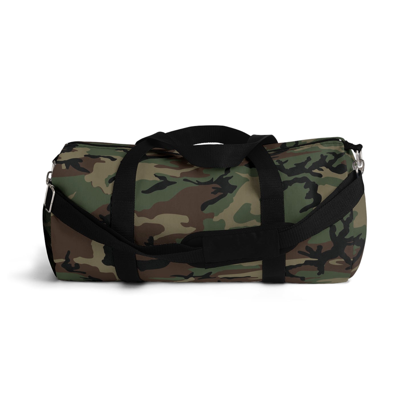 U.S. M81 Woodland camo small duffel bag — polyester Oxford canvas, adjustable shoulder strap, made in USA
