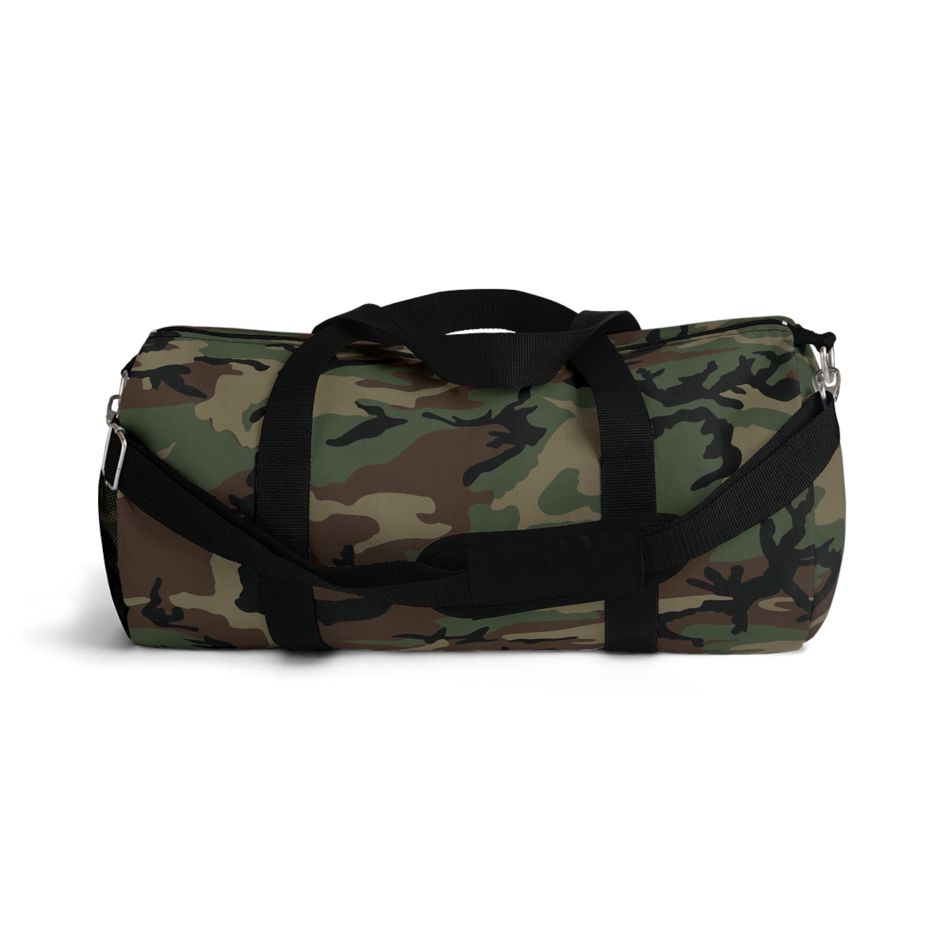 U.S. M81 Woodland camo small duffel bag — polyester Oxford canvas, adjustable shoulder strap, made in USA