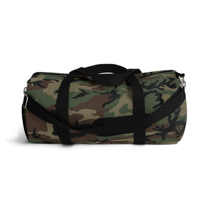 U.S. M81 Woodland camo small duffel bag — polyester Oxford canvas, adjustable shoulder strap, made in USA