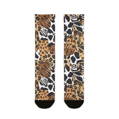 Animals Camouflage tactical socks inspired by MGS, featuring zebra, jaguar, tiger, and giraffe patterns for a stealthy look.