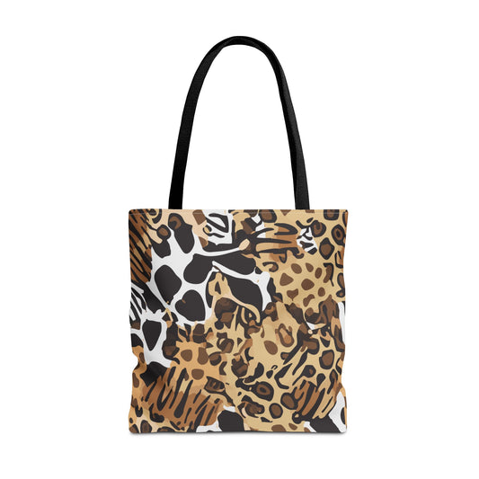 Animals Camouflage tote bag inspired by MGS, featuring zebra, jaguar, tiger, and giraffe prints for a tactical urban style.