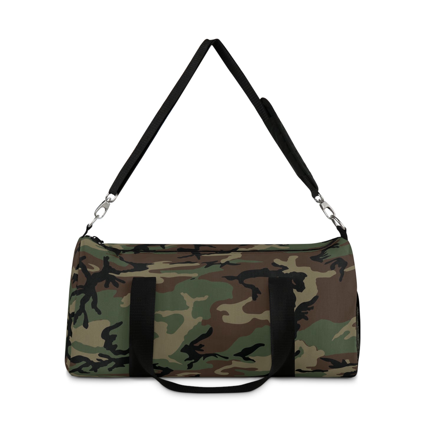 U.S. M81 Woodland camo small duffel bag — polyester Oxford canvas, adjustable shoulder strap, made in USA