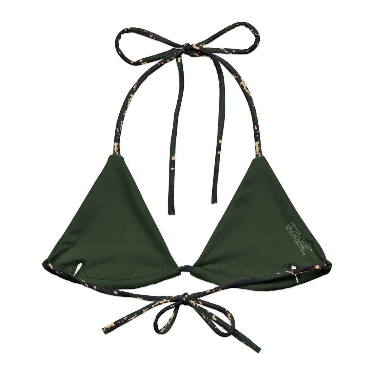 ROC Digital Tiger Stripe camo string bikini top, back view with pixel-edged green, black, and tan print