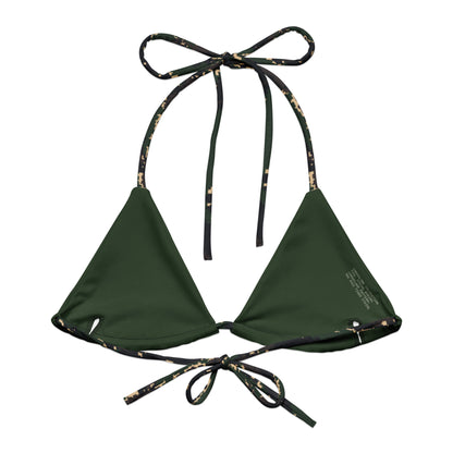 ROC Digital Tiger Stripe camo string bikini top, back view with pixel-edged green, black, and tan print