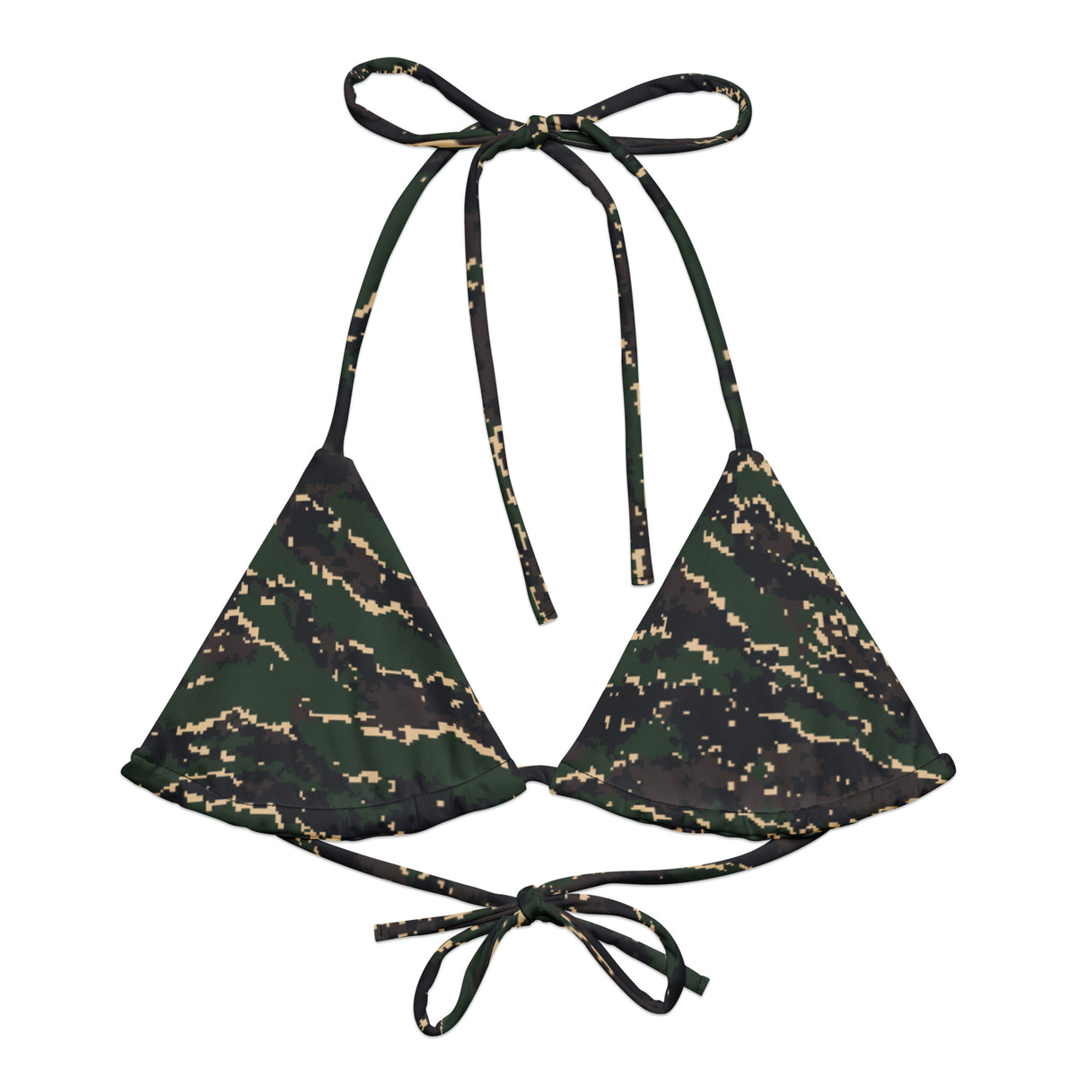 ROC Digital Tiger Stripe camo string bikini top, front view with pixel-edged green, black, and tan print