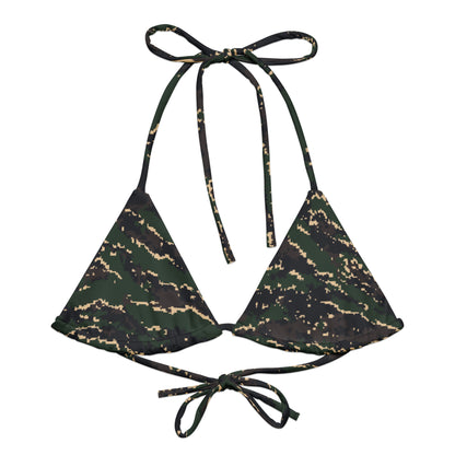 ROC Digital Tiger Stripe camo string bikini top, front view with pixel-edged green, black, and tan print