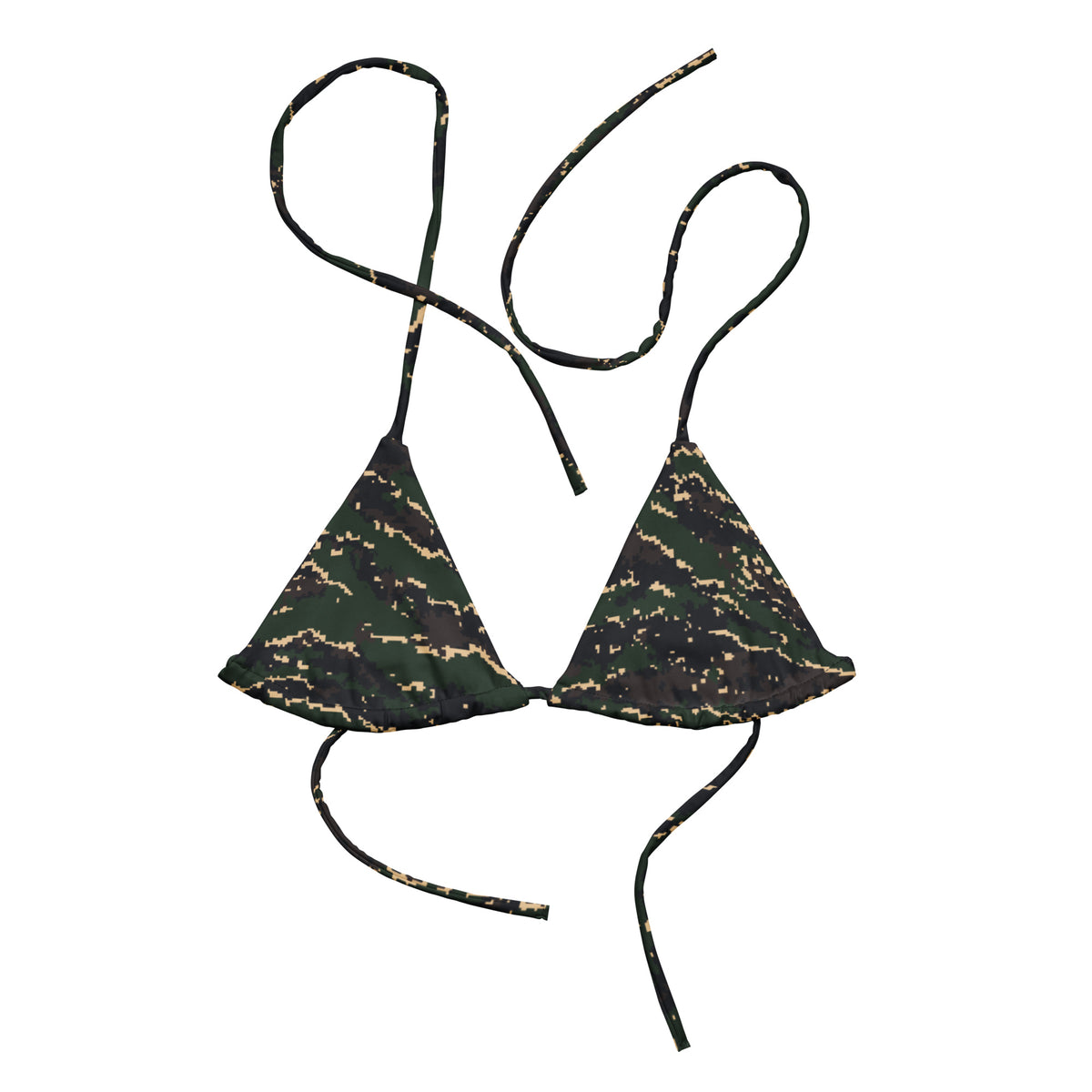 ROC Digital Tiger Stripe camo string bikini top, front view with pixel-edged green, black, and tan print