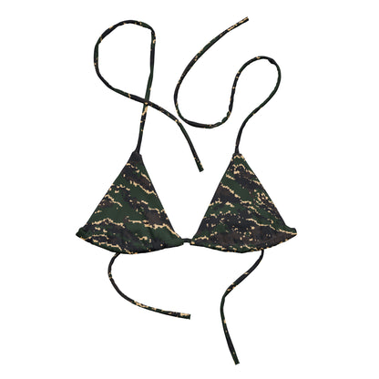 ROC Digital Tiger Stripe camo string bikini top, front view with pixel-edged green, black, and tan print