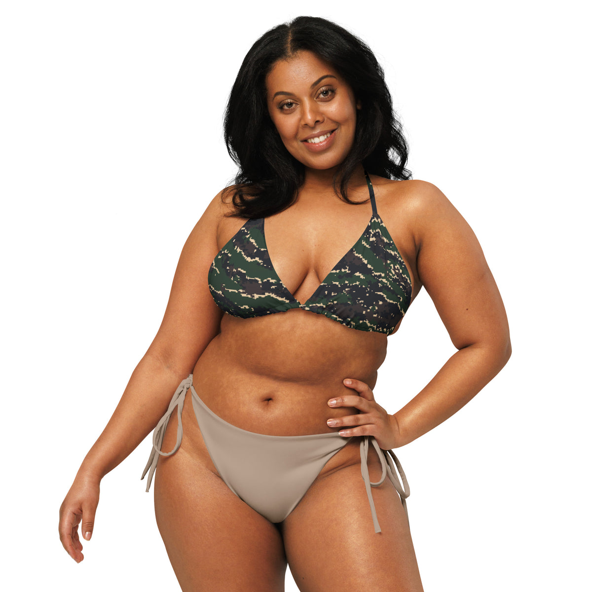 ROC Digital Tiger Stripe camo string bikini top, front view with pixel-edged green, black, and tan print
