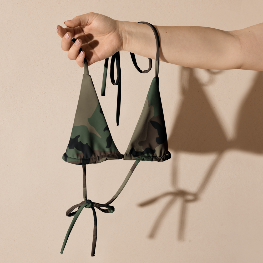 M81 Woodland Camo String Bikini Top flat lifestyle front 2 supplemental view 03