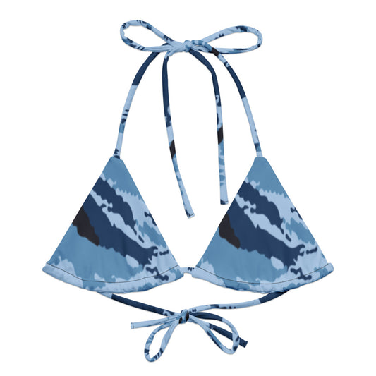 Kamysh Blue Camo String Bikini Top front flat lay [CC-MOCKUP:flat-front]