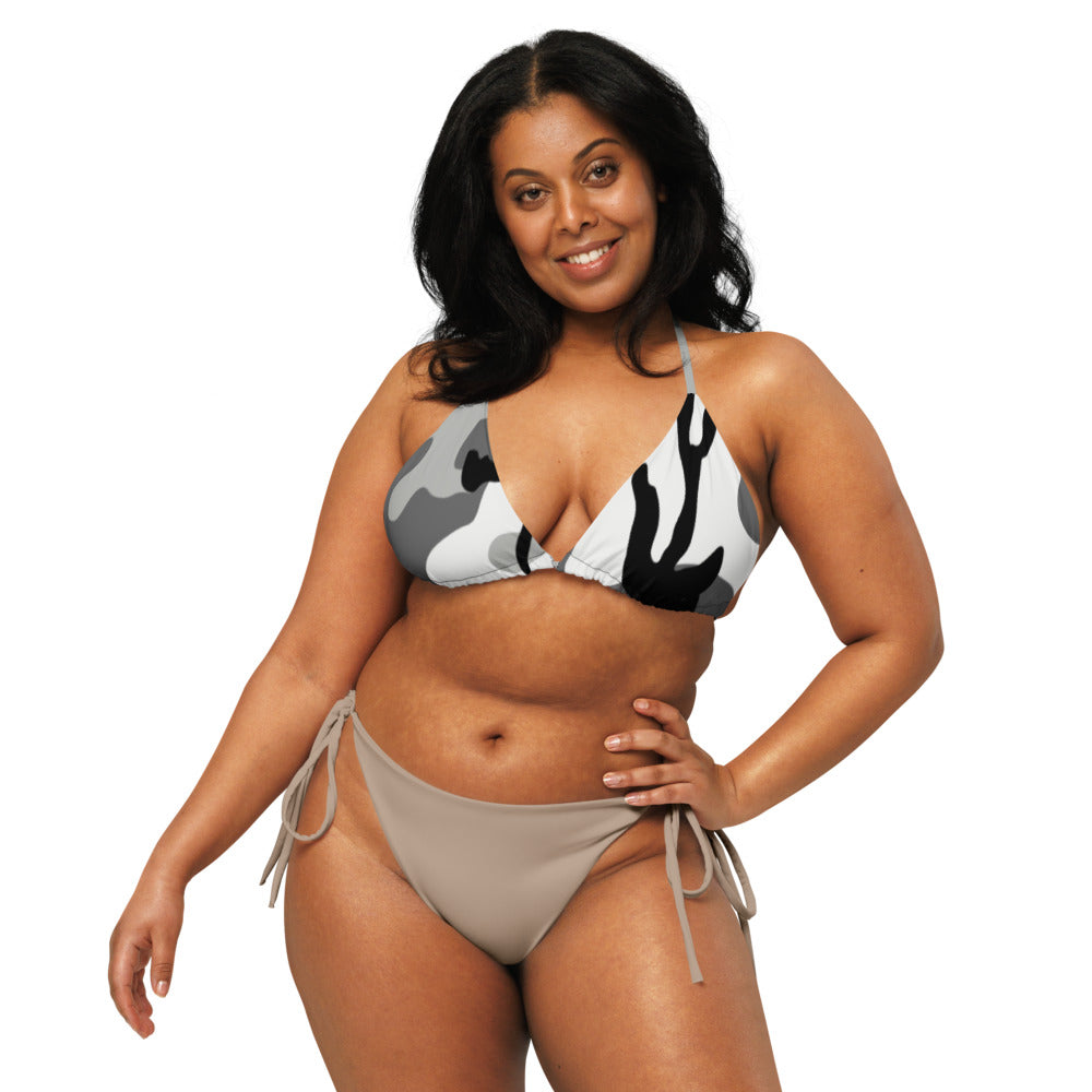 M81 Urban Camo String Bikini Top front view on model [CC-MOCKUP:womens-front]
