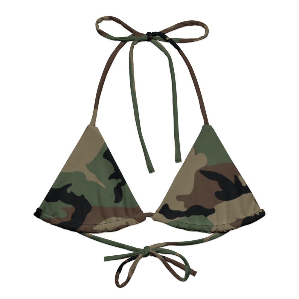 M81 Woodland Camo String Bikini Top front flat lay [CC-MOCKUP:flat-front]
