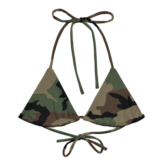 M81 Woodland Camo String Bikini Top front flat lay [CC-MOCKUP:flat-front]