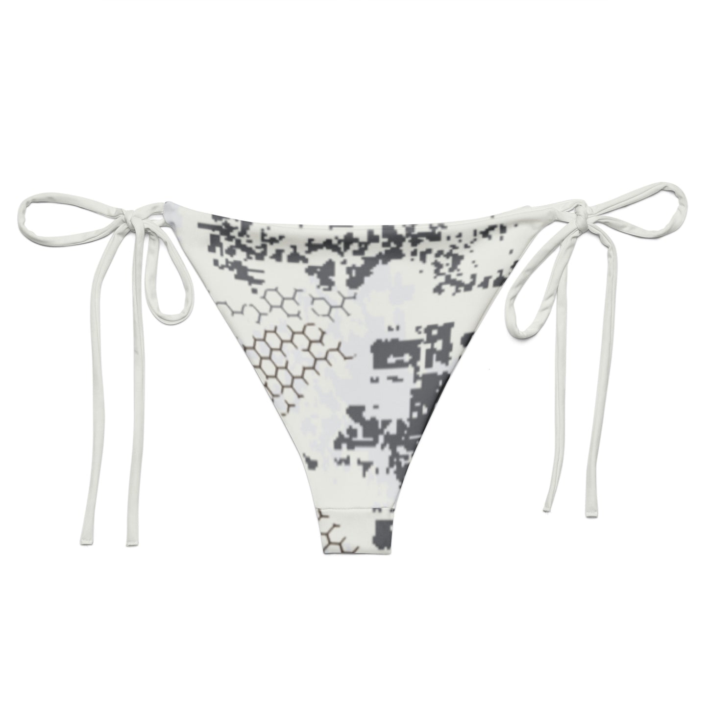 BlindTech Snow Camo string bikini bottom back flat lay with tie straps visible
