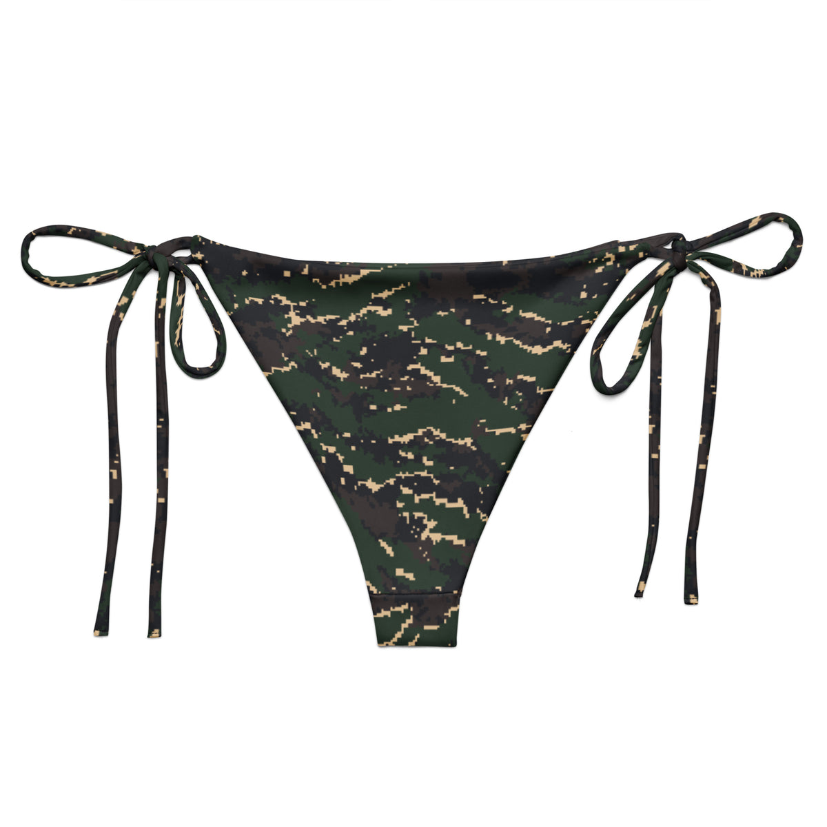 ROC Digital Tiger Stripe camo string bikini bottom, back view with pixel-edged green, black, and tan print