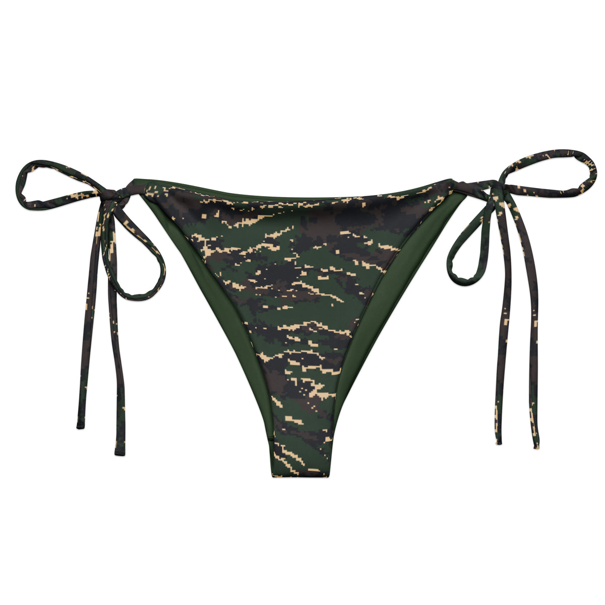 ROC Digital Tiger Stripe camo string bikini bottom, front view with pixel-edged green, black, and tan print