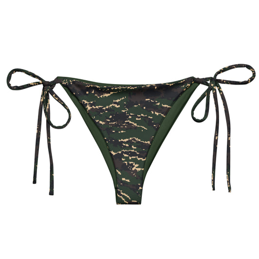 ROC Digital Tiger Stripe camo string bikini bottom, front view with pixel-edged green, black, and tan print