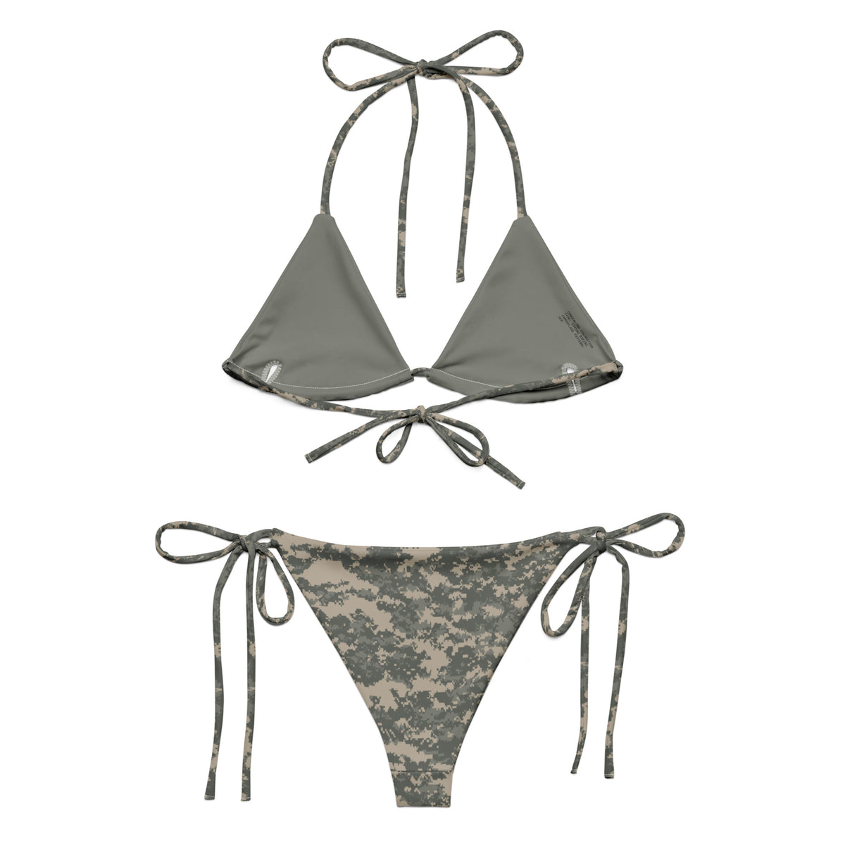 Back view of UCP String Bikini Set in compact digital pixel camouflage