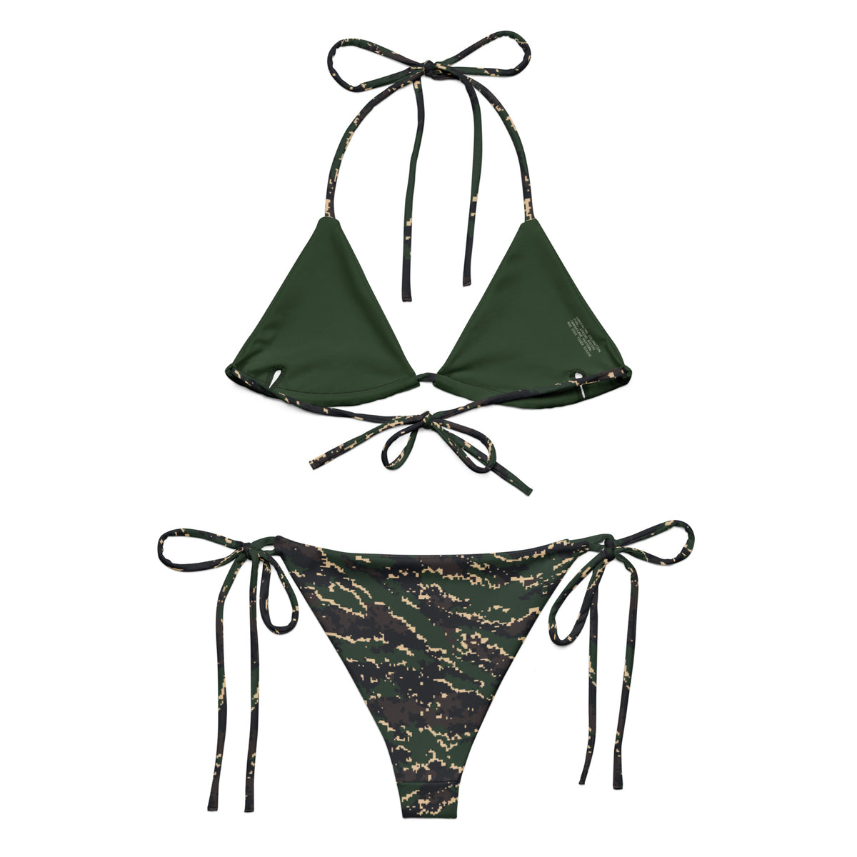 ROC Digital Tiger Stripe Camo String Bikini Set — front and back flat views