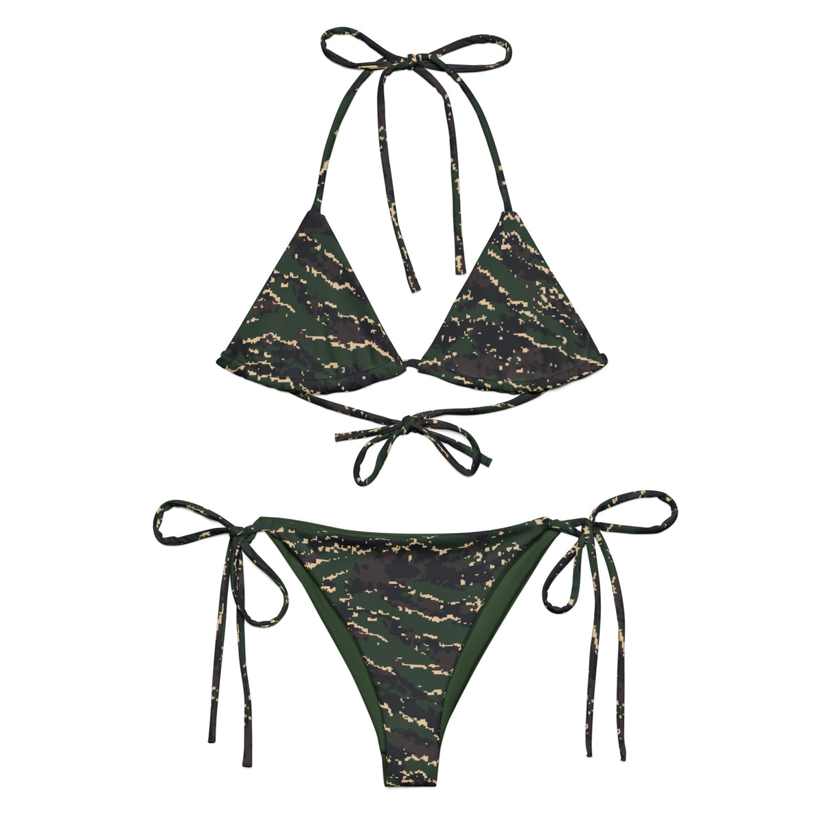 ROC Digital Tiger Stripe Camo String Bikini Set — front and back flat views